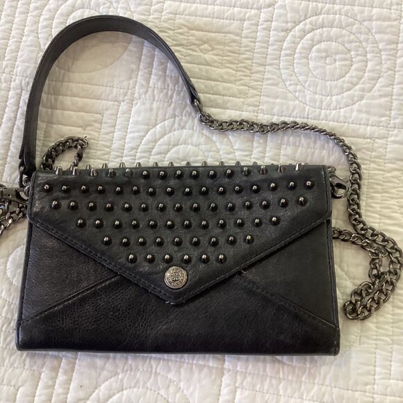 Rebecca Minkoff Black Leather Studded Crossbody Clutch Purse With Chain Strap & - Picture 13 of 16